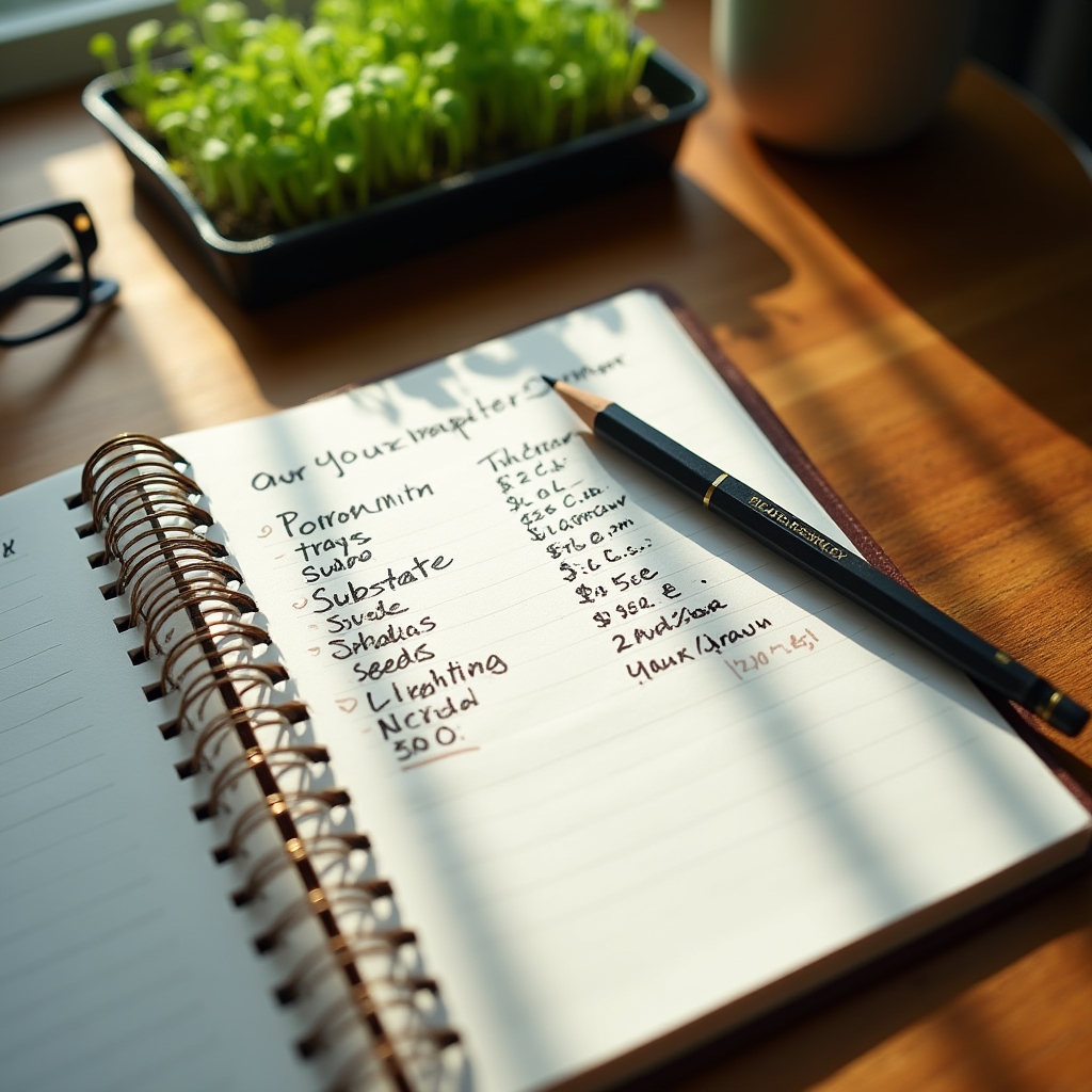 Cuaderno de notas con anotaciones sobre gastos e inversión inicial junto a una bandeja de brotes