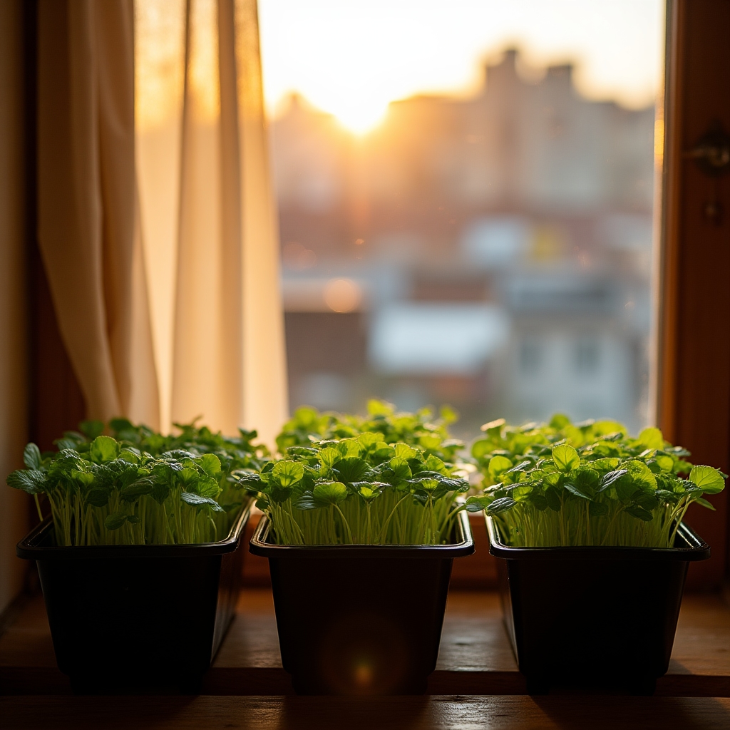 Bandejas de brotes comestibles ubicadas cerca de una ventana para aprovechar luz natural