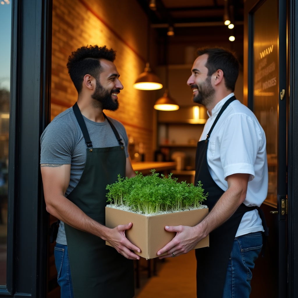 Caja con bandejas de microgreens lista para entregar en la puerta de un restaurante de barrio