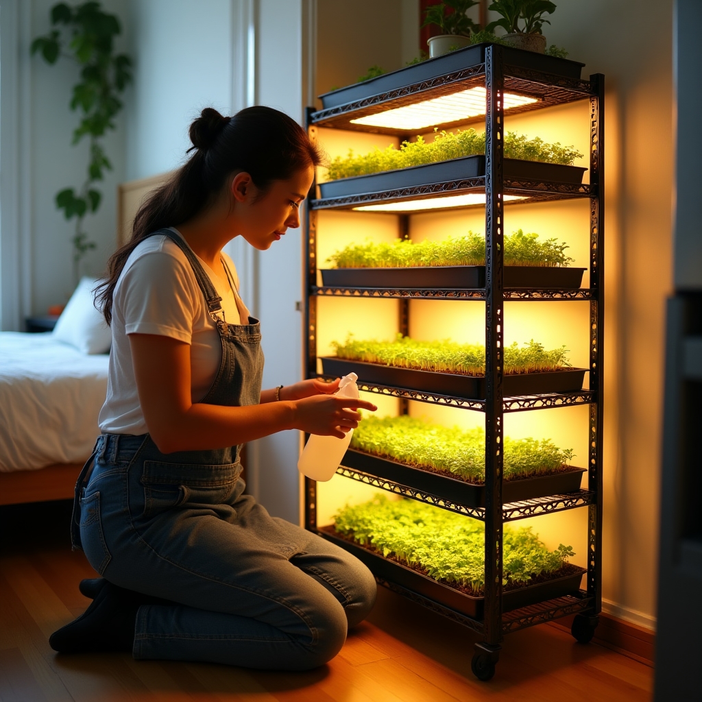 Estantería vertical con varios niveles de bandejas de brotes en un monoambiente pequeño