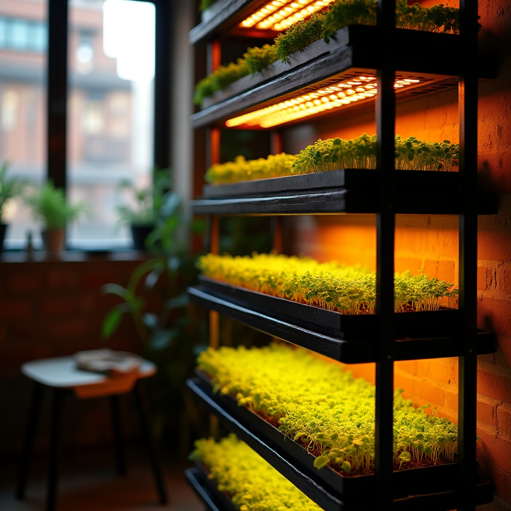 Estantería metálica con bandejas de microgreens creciendo bajo luz artificial dentro de un departamento