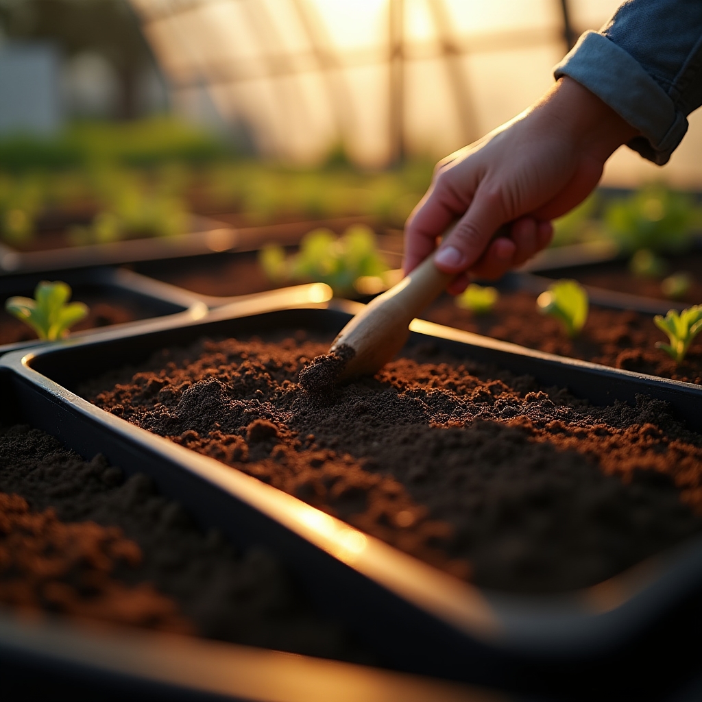 Mano rastrillando la superficie del sustrato antes de sembrar semillas de microgreens