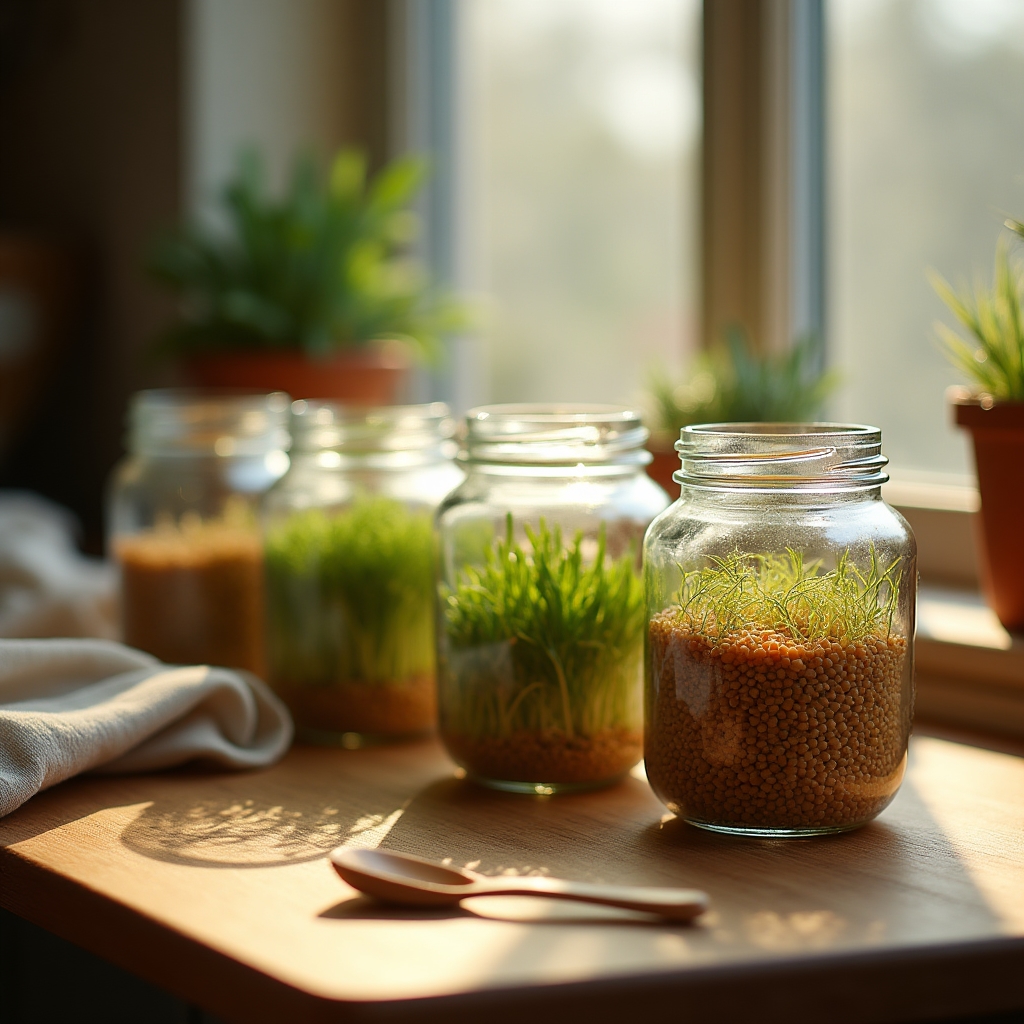 Frascos de vidrio con distintas semillas para brotes ordenados sobre una mesada de cocina