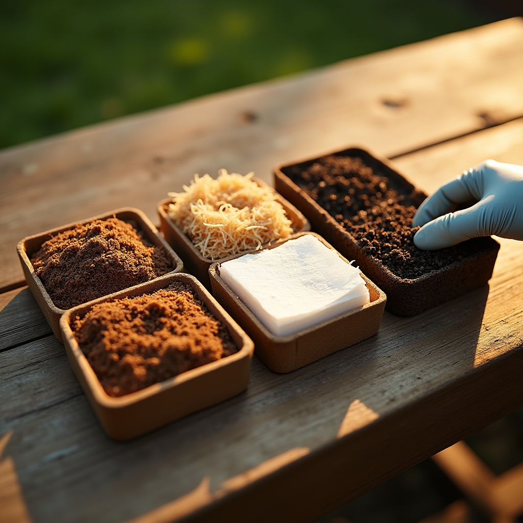 Comparación de distintos sustratos para microgreens sobre una mesa de trabajo